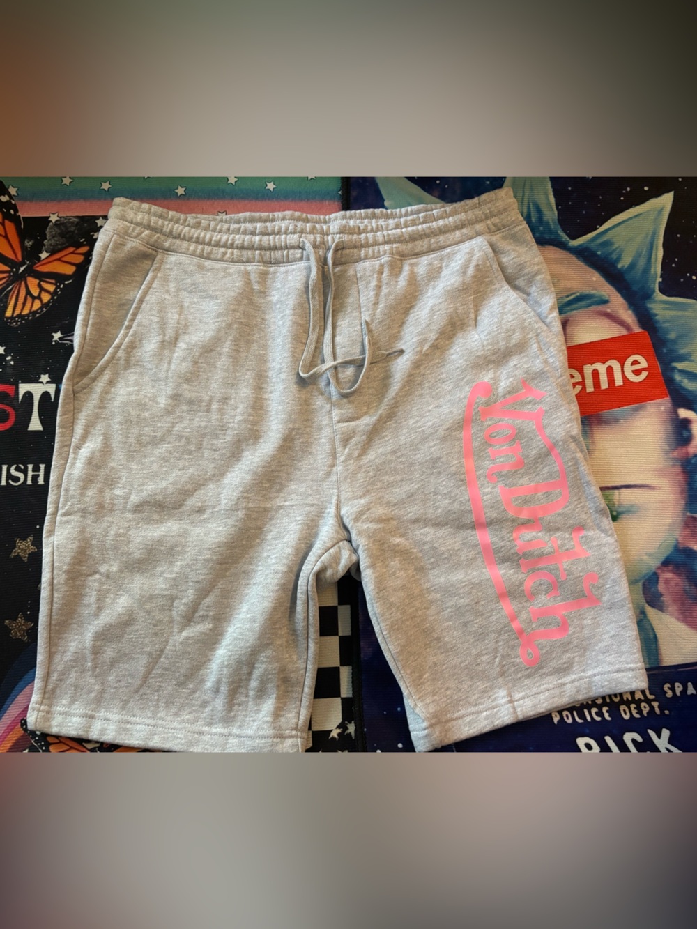 Von Dutch Gray Athletic Shorts with Pink Logo Script